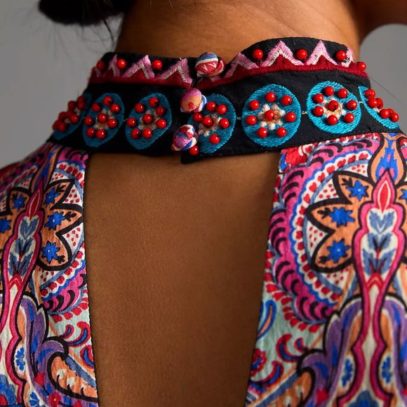 NWT Anthropologie Mini Dress Boho Beaded High Neck Pink & Brown Size 0 - Picture 5 of 15